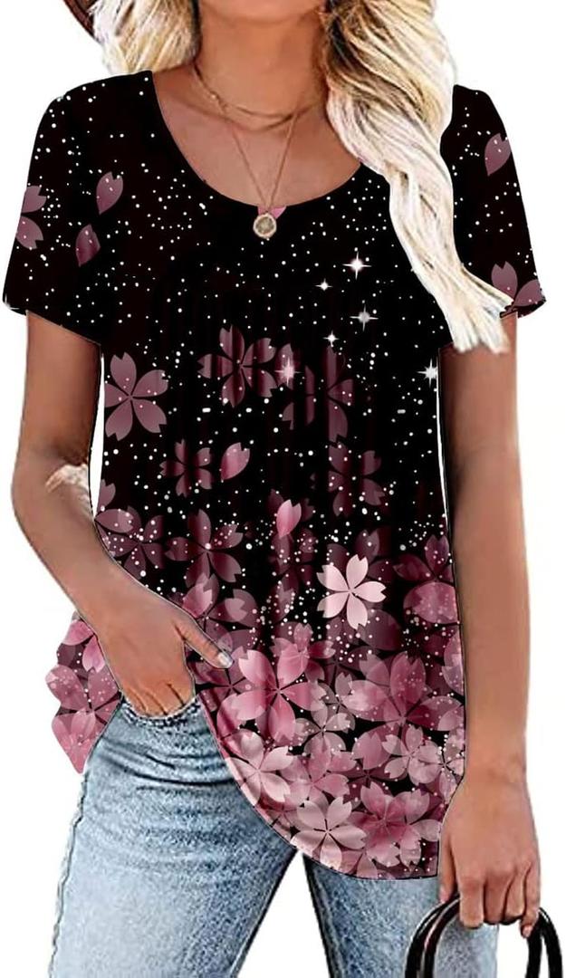 Women's Summer Short Sleeve Tunic Plus size ladies shirts Floral Blouse Loose Flowy Tops for Leggings (XXL)