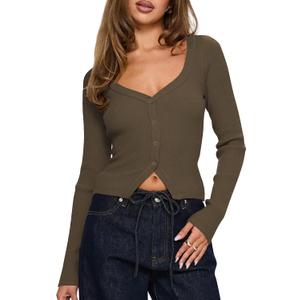 Ribbed Tops for Women Long Sleeve Button Down Shirt V Neck Ligngweight Crop Fitted Cardigan Coffee L (Brown, L)
