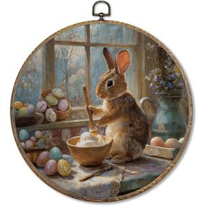 FUGWN Vintage Easter Bunny Egg Kitchen Round Wall Art Decor Framed, Rustic Farmhouse Bunny Canvas Artwork Prints, Easter Rabbit Wall Hanging Decorations for Kitchen Dining Room Home, 10x10 Inch