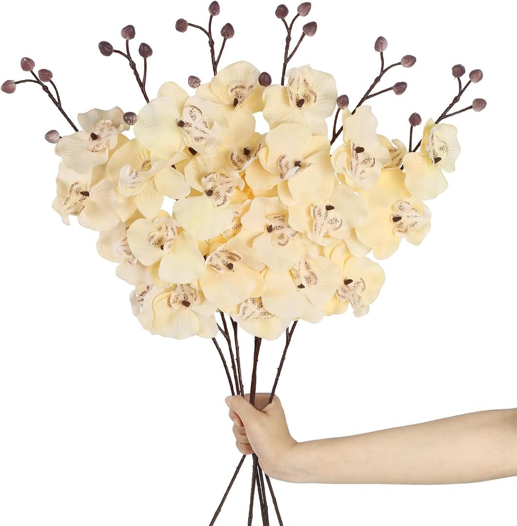 6PCS Orchids Artificial Flowers 30.3" Silk Faux Orchids Champagne Fake Flowers with Stems for Vase Table Home Wedding Party Garden Decoration(Champagne)