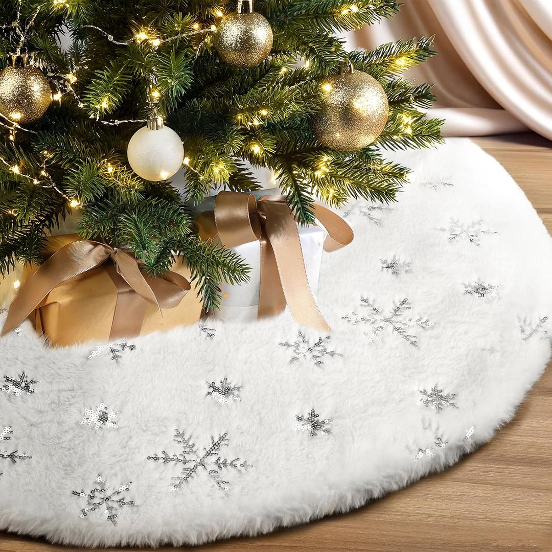 MACTING Faux Fur Christmas Tree Skirt with Silver Sequin Snowflakes 30 Inch White Plush Skirt Fluffy Soft Double Layer Small Tree Mat Base Cover for Merry Christmas Party Holiday Xmas Tree Decorations