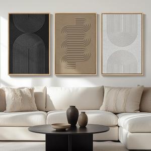 Large Framed Boho Modern Neutral Abstract Wall Art for Living Room, 3 Piece Black and White Canvas Prints Paintings Artwork for Walls, Geometric Pictures for Office Bedroom Dining Room Decor, 24x36 In, 24" W X 36" H X 3pcs