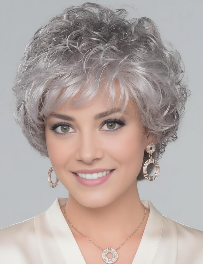 TISHINING Short Grey Curly Wigs for White Women Layered Silver Gray Pixie Cut Synthetic Full Wig with Bangs Natural Looking Daily Party Wigs for Older Women