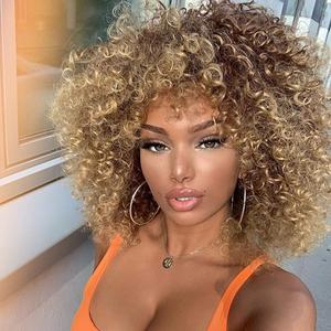 Xinran 14 inch Blonde Curly Wigs 70s, Kinky Brown Mixd Blonde Afro Wigs for Black Women, Synthetic Afro Curly Blonde Wigs for Women (Brown to Blonde)