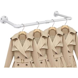 Industrial Iron Pipe Clothes Hanging Bar DIY Wall-Mounted Garment Rack Heavy Duty Clothing Rack for Bedroom, Laundry Room, Closet Storage (White 28 inch)