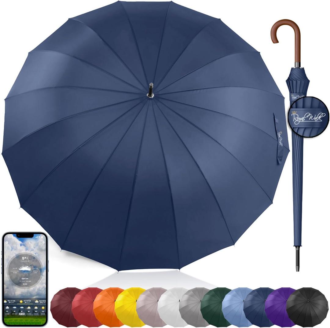 Royal Walk Large Umbrella for 2 Persons, Navy Blue, 54 Inch, Windproof, Auto Open, Wooden Handle, Drying, Strong 16 Ribs, Travel 120cm