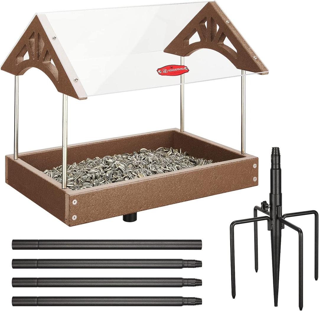 Kingsyard Adjustable Platform Bird Feeder for Outside, Recycled Plastic, Metal Mesh Tray Bird Feeder with Weather Protective Top, Attract Bluebirds Cardinals Goldfinches, Brown