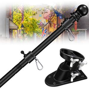 House Flag Pole Kit - 5ft Tangle Free Flag Pole Holder for Outside House - Heavy Duty Stainless Steel Flag Poles for 3x5 Flags Outdoor,Metal Porch Flagpole with Bracket - Black