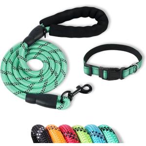 Dog Leash with Dog Collar, 5FT Reflective Heavy Duty Leash with Padded Handle& Adjustable Collar for Small Medium Large Dogs for Walking, Running, Park Play Night Safety M