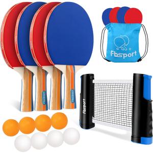 FBSPORT Ping Pong Paddle Set, Table Tennis Set with 4 Rackets and 8 Balls, Retractable Net with Storage Bag - Pingpong Paddle Accessories for Indoor/Outdoor Games