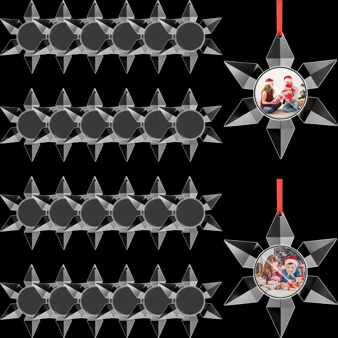 Vercraft 24 Pcs 2026 Christmas Snowflake Ornament Frame with Red Ribbon, Acrylic Blank Clear Photo Ornaments Bulk, Hanging Photo Ornaments for Christmas Tree Decoration (Snowflake Style)
