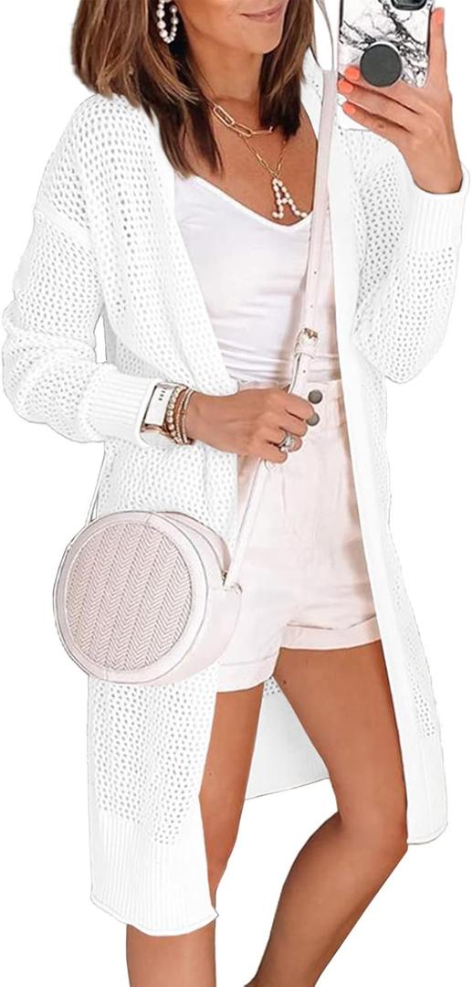 Misassy Womens Open Front Knit Sheer Cardigans Summer Boho Lightweight Long Sleeve Kimono Long Sweater (X-Large, X-white)
