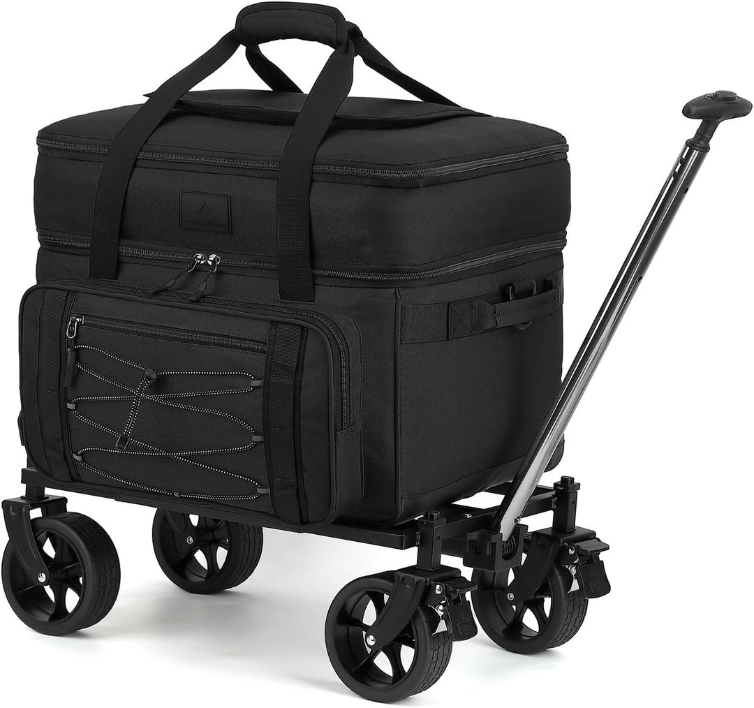 Extra Large Wheeled Portable Cooler Bag 85 Cans Double Deck Heavy Duty Rolling Insulated Cooler with All-Terrain Wheels Leakproof Tactical Soft Sided Cooler for Beach Camping Picnic Travel (Black)