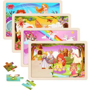 Wooden Puzzles Toys for Kids Ages 3-5, Set of 4 Packs with 20-Piece Unicorn Mermaid Princess Wood Jigsaw Puzzles, Preschool Educational Brain Teaser Toys for Girls 3 4 5 6 Years Old.