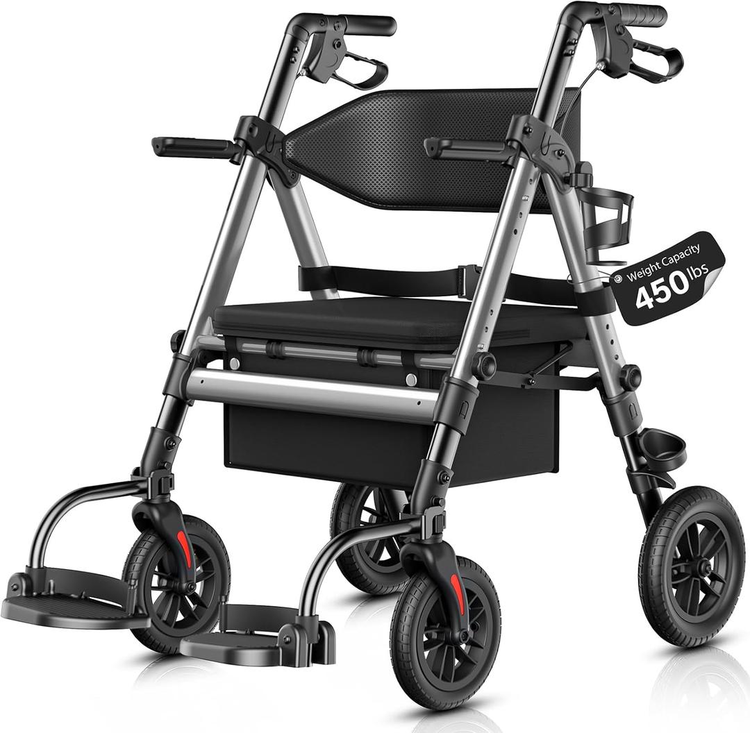 Walkers for Seniors 2 in 1 Wheelchair Combo, 450 lb Foldable Rollator Transport Chair with Seat, Heavy Duty Rolling Walker 10" Wheels for All Terrain, Grey