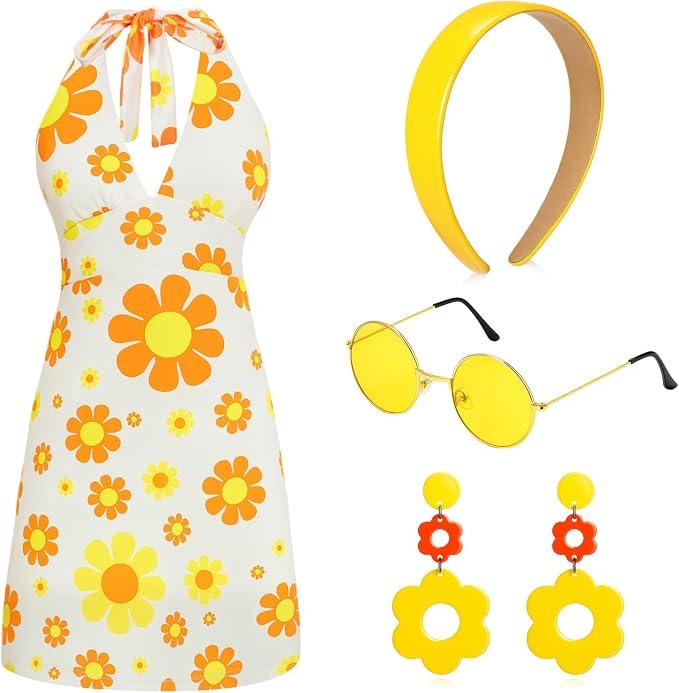 SATINIOR 4 Pcs 60s 70s Women's Hippie Costume Retro Disco Outfit Groovy Earring Headband Dress Sunglasses for Halloween Party XL 