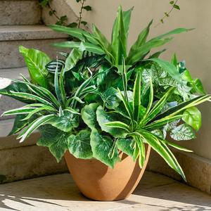 Artificial Plants for Outdoors Faux Greenery Leaves UV Resistant Realistic Plastic Large Bunches Shrubs Bushes with Stems, Fake Plants Decor Outdoor for Front Porch Door Patio Garden Yard, 9Pcs