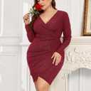 ZOMVA Plus Size 0X-4X Sparkly Glitter Ruched Bodycon Mini Dress Sparkle Sequin Wrap Ruffle Sleeve Dress Cocktail Party Formal (Red, XXXL)