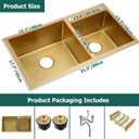 Gold Double Bowl Kitchen Sink, 31.5" 17.7" Stainless Steel Nano-Coated, Double Basin Sink, Drop-In Undermount, With Gold Sink Stopper Drain Strainer