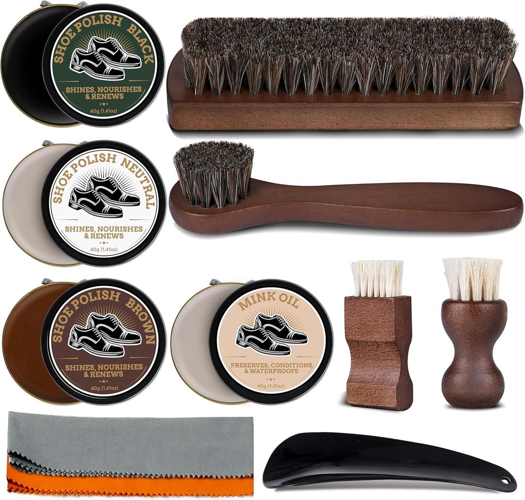 12Pcs Polish Kit for Men & Women - 4 Various Brushes, Black Brown Neutral Mink Oil with Luxurious Box for Shoes, Boots Shine Care Kit,Christmas Gifts for Dad Mom Boyfriend Husband Brother Grandpa