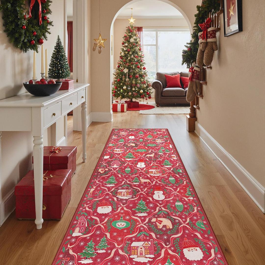 Christmas Runner Rug 5x7 Washable Rug for Hallway Kitchen Bedroom, Christmas Home Decor, Holiday Print Carpet, Low Pile Mat with Non Slip Backing, Red Christmas Tale Pattern
