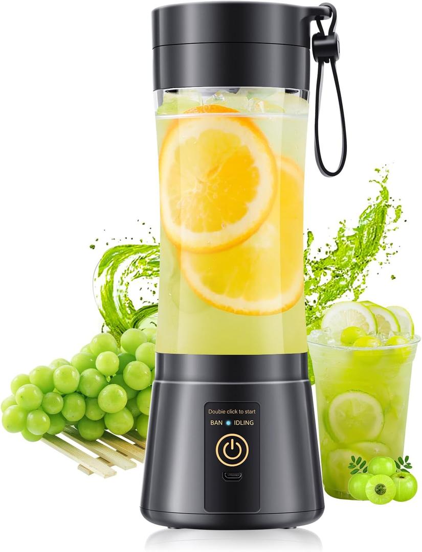Cordless Portable Blender for Smoothies & Shakes - Personal Size Blender Lightweight & Rechargeable, 380Ml BAP Free Juice Cup with 6 Blades, Freshly Squeezed for Sports/Picnic (Black)
