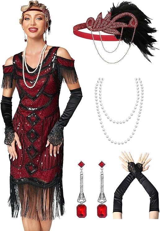 Great Gatsby Dresses 1920s for Women, Vintage Long Fringe Dress Roaring 20s Sequins Beaded Dress with Accessories Set, Medium
