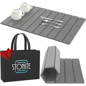 Stone Drying Mat for Kitchen Counter W/ Tote Bag, Large Stone Dish Drying Mat Foldable, Absorbent Diatomaceous Quick Dry Stone Mat Kitchen Dishes Bottles Cups Bathroom Any Countertop 23" x 15.3" (Dark Gray)