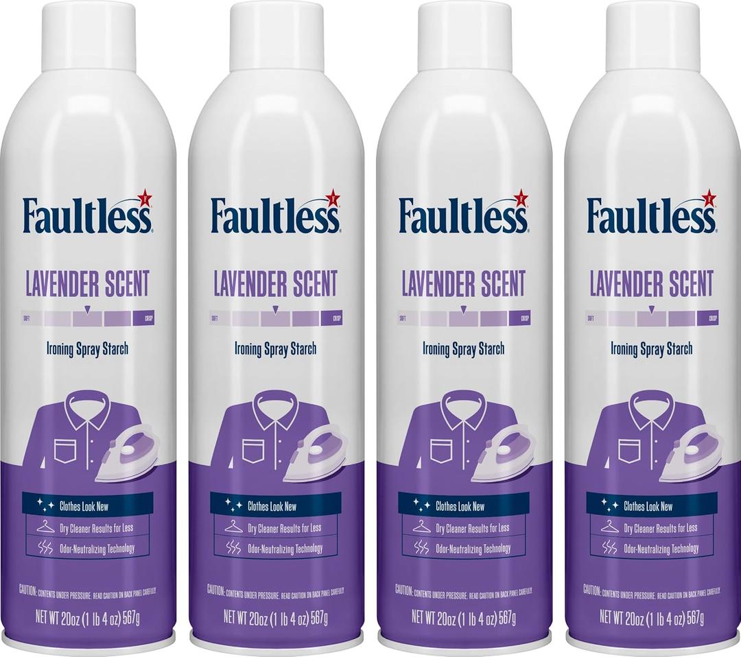 Laundry Starch Spray, Faultless Lavender Aerosol Starch 20 oz Cans for a Smooth Iron Glide on Clothes & Fabric Even Spray, Easy Iron Glide, No Reside (Pack of 4)