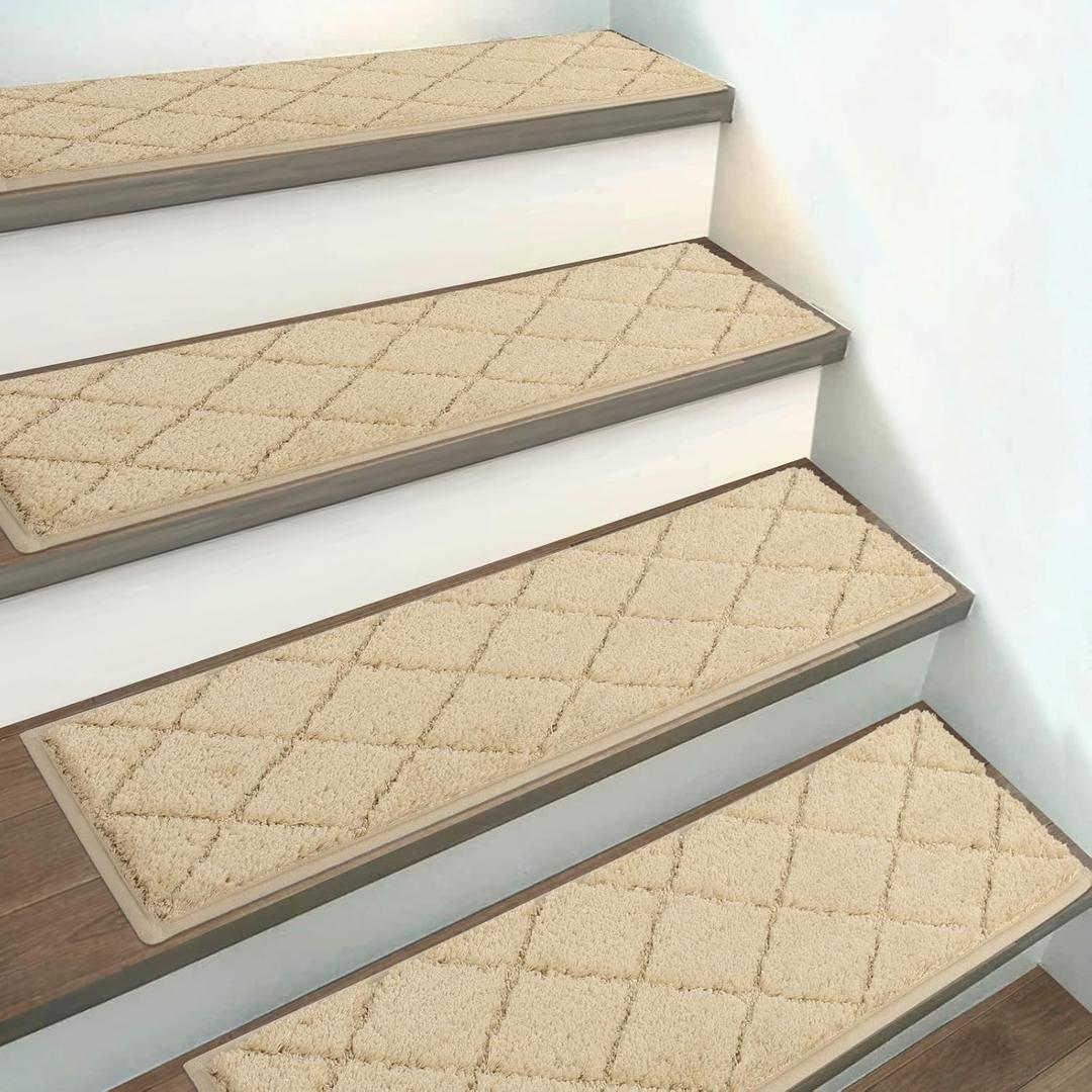 HEBE Carpet Stair Treads Non Slip 15 PCS 8" X 30" Edging Stair Runner for Wooden Steps Indoor Self Adhesive Stair Rugs Runners Reusable Staircase Step Treads Mat for Kids,Elders,Pets (Beige/Diamond)
