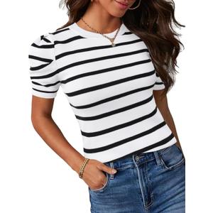 Avanova Women Striped Puff Sleeve Short Sleeve Tops Sweater Ribbed Knit Casual Shirts Blouse White Striped X-Large