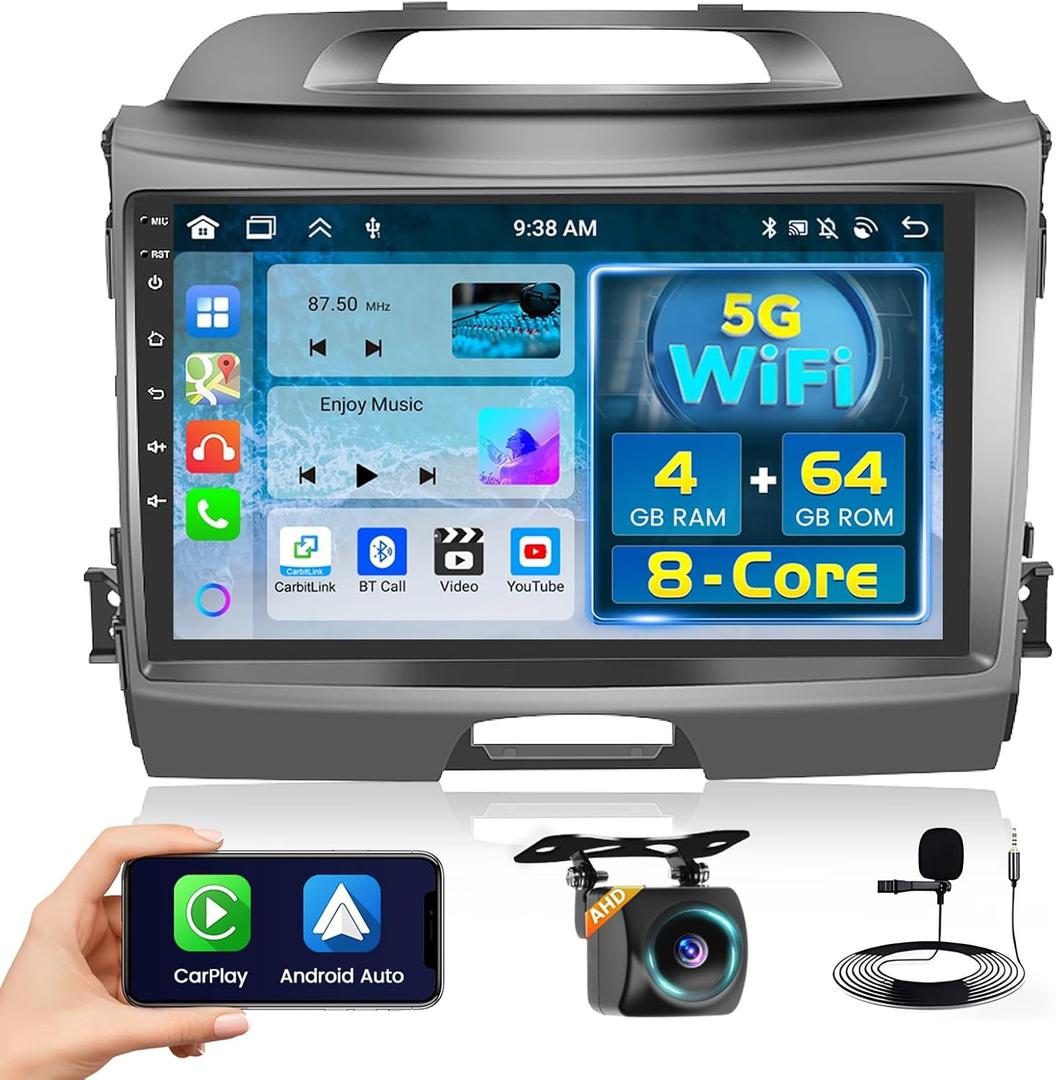 8 Core 4+64GB for Kia Sportage 2010-2016 Android 15 Car Stereo Wireless Carplay Android Auto, 9'' Touchscreen Car Radio with GPS, WiFi, 32EQ DSP, 59 UI, Bluetooth, FM RDS, Backup Camera