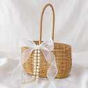 SiliFine 1 Pcs Wicker Rattan Flower Girl Basket with Bows and Pearl 11.8x8.7x5.1 Inches Rustic Wedding Basket for Flower Girl, Hand Woven Willow Storage for Ceremonies Home Decoration (Classic)