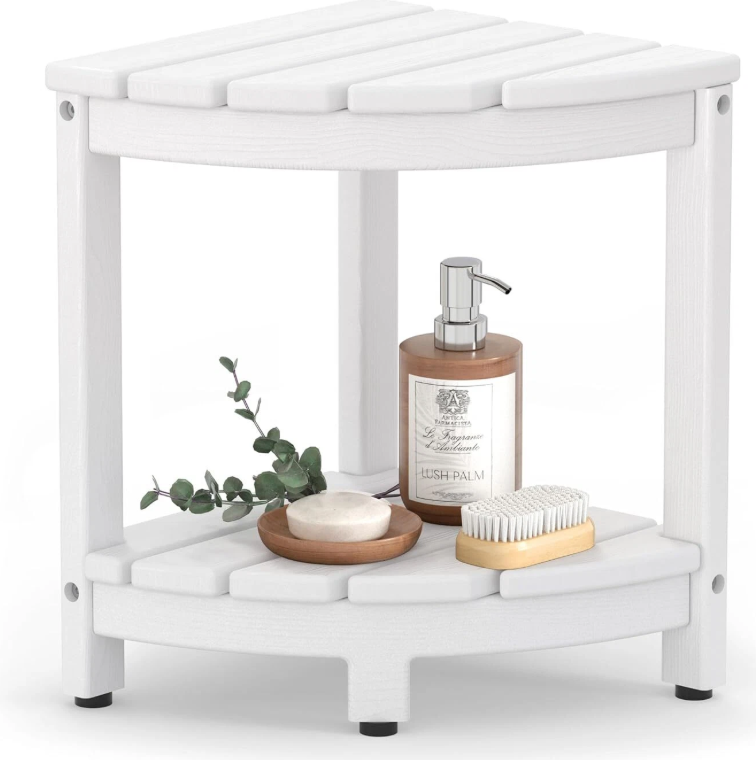 Corner Shower Stool for Inside Shower, HDPE Waterproof Shower Bench Seat Chair, Teak-Color Plastic Bath Shower Stool for Shaving Legs Foot Rest with Storage Shelf, Adjustable & Non-Slip Feet, White
