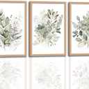 3Pcs Framed Sage Green Botanical Wall Art, Watercolor Canvas Prints Modern Green Plant White Floral Decor for Bedroom Living Room Bathroom Nursery, Ready to Hang wooden frame 16x24In