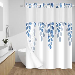 WITHLOC No Hook Shower Curtain with Snap in Liner - Eucalyptus Shower Curtain - Washable Waterproof Inner Liner, Plants Blue Leaves Modern Shower Curtains - Machine Washable, 71 x 74