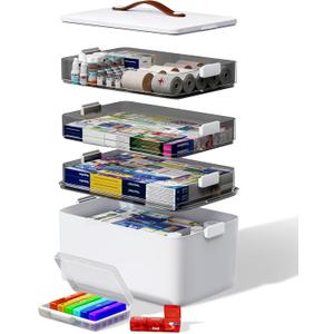 4-Tier Medicine Cabinet Organizer with Leather Handle, Empty Plastic First Aid Kit, Multipurpose Storage Box with A Portable Weekly Pill Organizer for Family Emergencies, Home, White