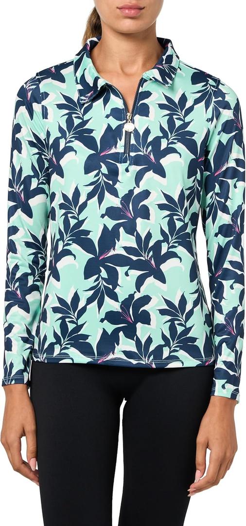 Stella Parker Womens Long Sleeve Quarter Zip Tennis-Golf Polo Top- UPF+, Quick Dry, Moisture Wicking (X-Small, Teal Navy)