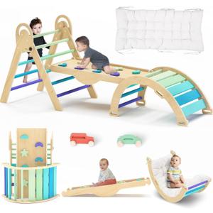 Pikler Triangle Set with Cushion, Montessori Climbing Set, Indoor Climbing Toys, Indoor Playground Jungle Gyms, 9 Combinations Climbing Toy Set for Toddler, Baby, Kids 1-4 (Nature-blue & 2car & Mat)