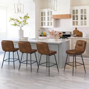 26 Inch Bar Stools Set of 4, Double-Layer Upholstered Counter Height Bar Stools for Kitchen Island, Dark Brown