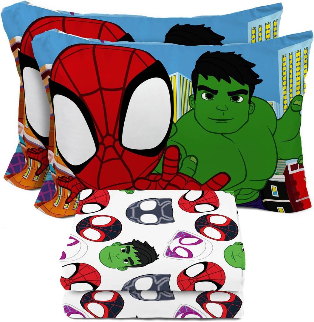 Sunny Side Up Spidey & His Amazing Friends Full Sheet Set - 4 Piece Kids Bedding Set Includes Pillow Cover - Super Soft Superhero Microfiber Sheets Features Miles Morales & Ghost Spider
