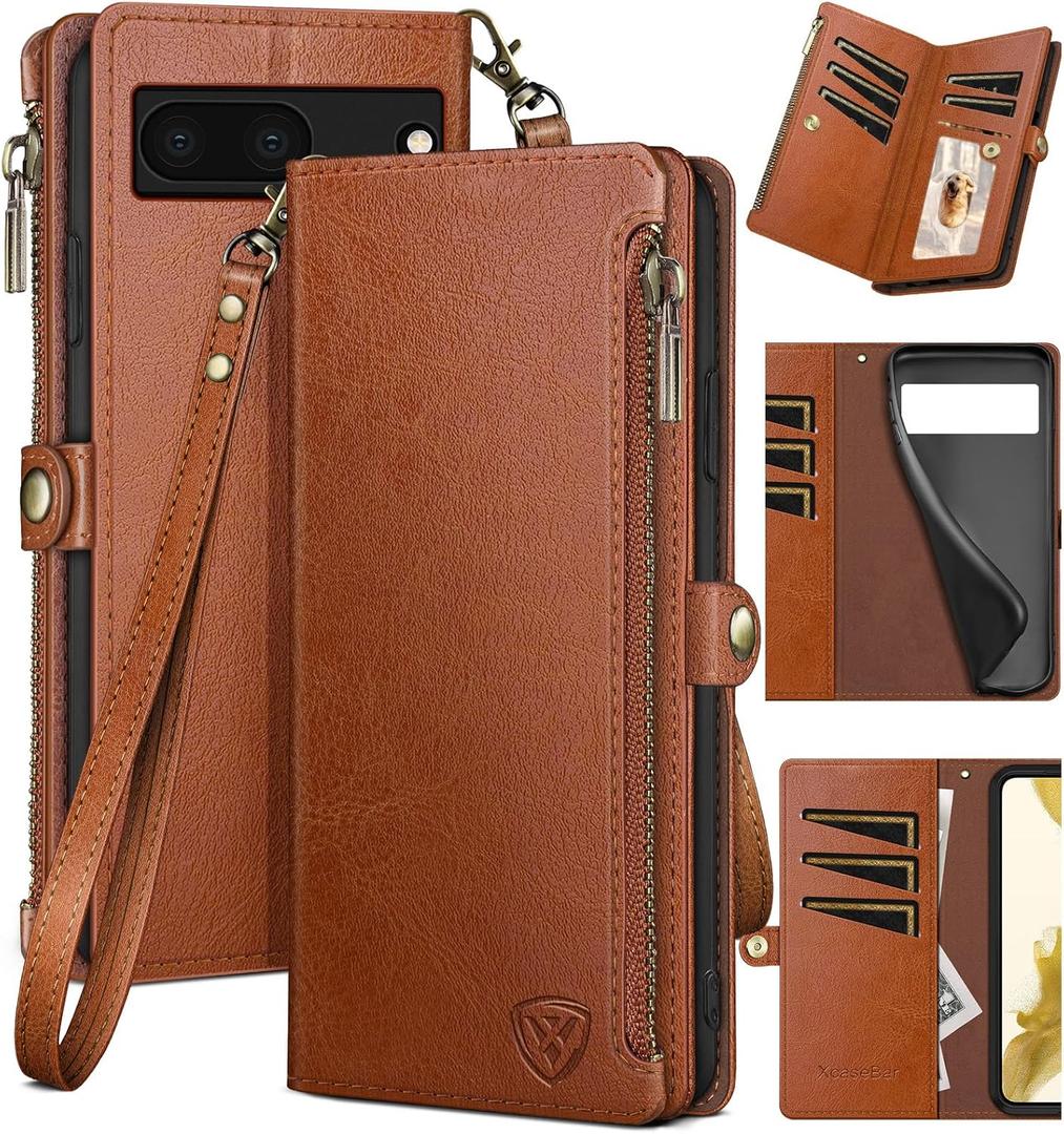 XcaseBar for Google Pixel 7 Wallet case with Zipper Credit Card Holderr RFID Blocking, Flip Folio Book PU Leather Phone case Shockproof Cover Women Men for Pixel 7 case Light Brown