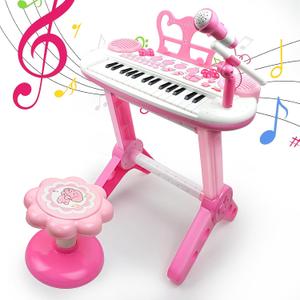 Kids Piano Toy Keyboard with Bench - Rose Pink 31 Keys Portable Electronic Multi-Functional Music Instrument with Microphone and Chair 3 4 5 Years Girls Birthday Gift