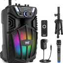 Pyle 8’’ Portable Bluetooth PA Speaker Kit with Wireless Mic, Speaker Stand, and LED Lights, MP3/USB/FM Radio, Aux Input, Bluetooth 5.0, 9.3’’x7.8’’x14.3’’ Inch Wireless Stereo, Event Ready
