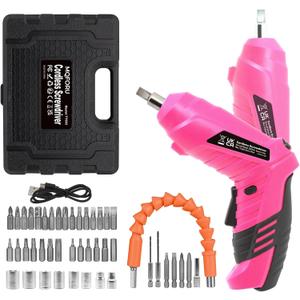 Cordless Power Screwdriver Electric Screwdriver Rechargeable Set, Battery Powered Screwdriver Kit Including 49pcs Bits, Pivoting Handle and LED Lights Small Drills Cordless (Pink)