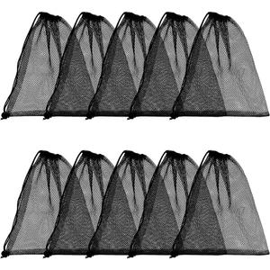 10pcs Mesh Drawstring Bag 10 x 12 inch Black Small Bags With Pull Rope Thicken Portable Storage Bags Outdoor Mesh Organizer Bag for Travel Hike Sports Diving Beach Collecting playthings