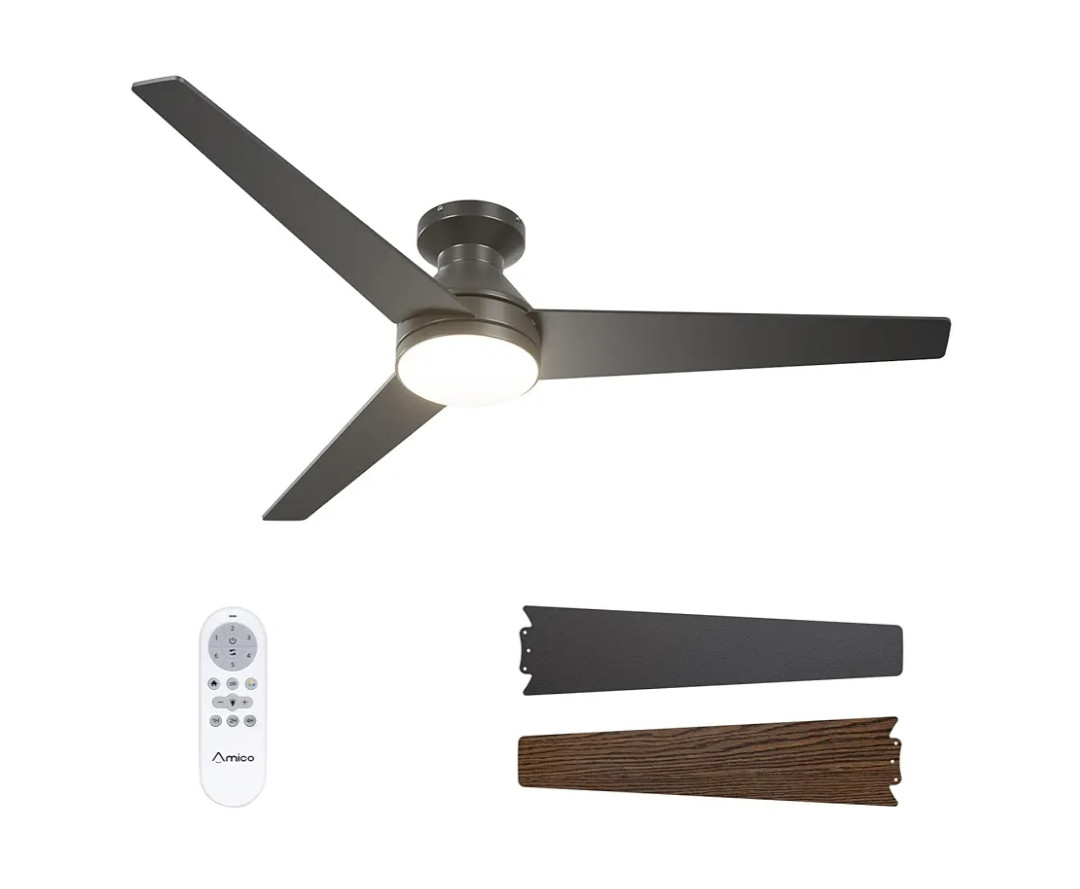 Amico Ceiling Fans with Lights, 52 inch Low Profile Ceiling fan with Light and Remote Control, Flush Mount, Reversible, 3CCT, Dimmable, Noiseless, Black Ceiling Fan for Bedroom, Indoor/Outdoor Use