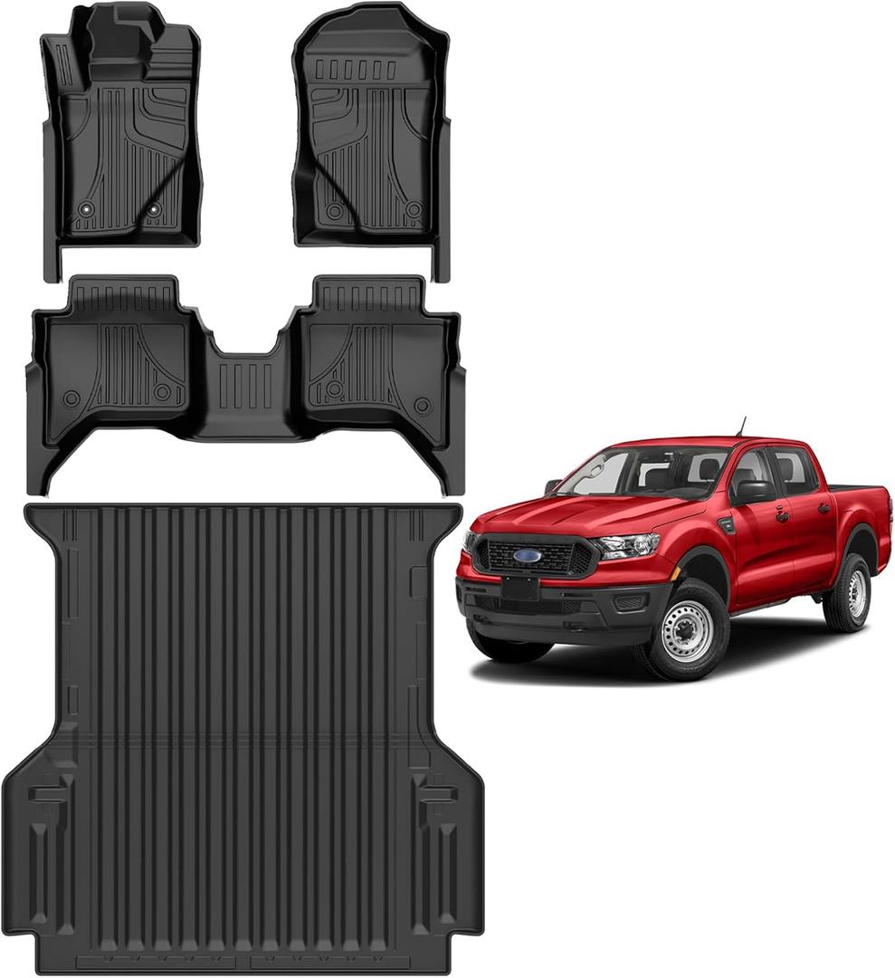 AOMSAZTO Floor Mats and 5FT Truck Bed Mat for 2024 2025 Ford Ranger SuperCrew Cab - 1st & 2nd Row Full Set Car Accessories Custom Fit All Weather Cargo Liner for Ford Ranger - Black