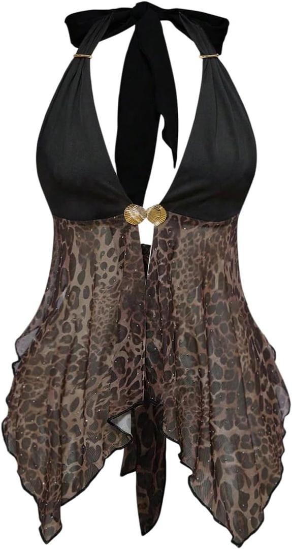 BEAUDRM Women's Y2k Cheetah Print Halter Tops Leopard Tie Back Vintage Metal Corset Party Club Rave Top S