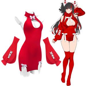 KORURACLUB Hollow Out Dress Sweater Costume premium sweater cosplay lingerie Mini Dress Sexy Lingerie (Red)